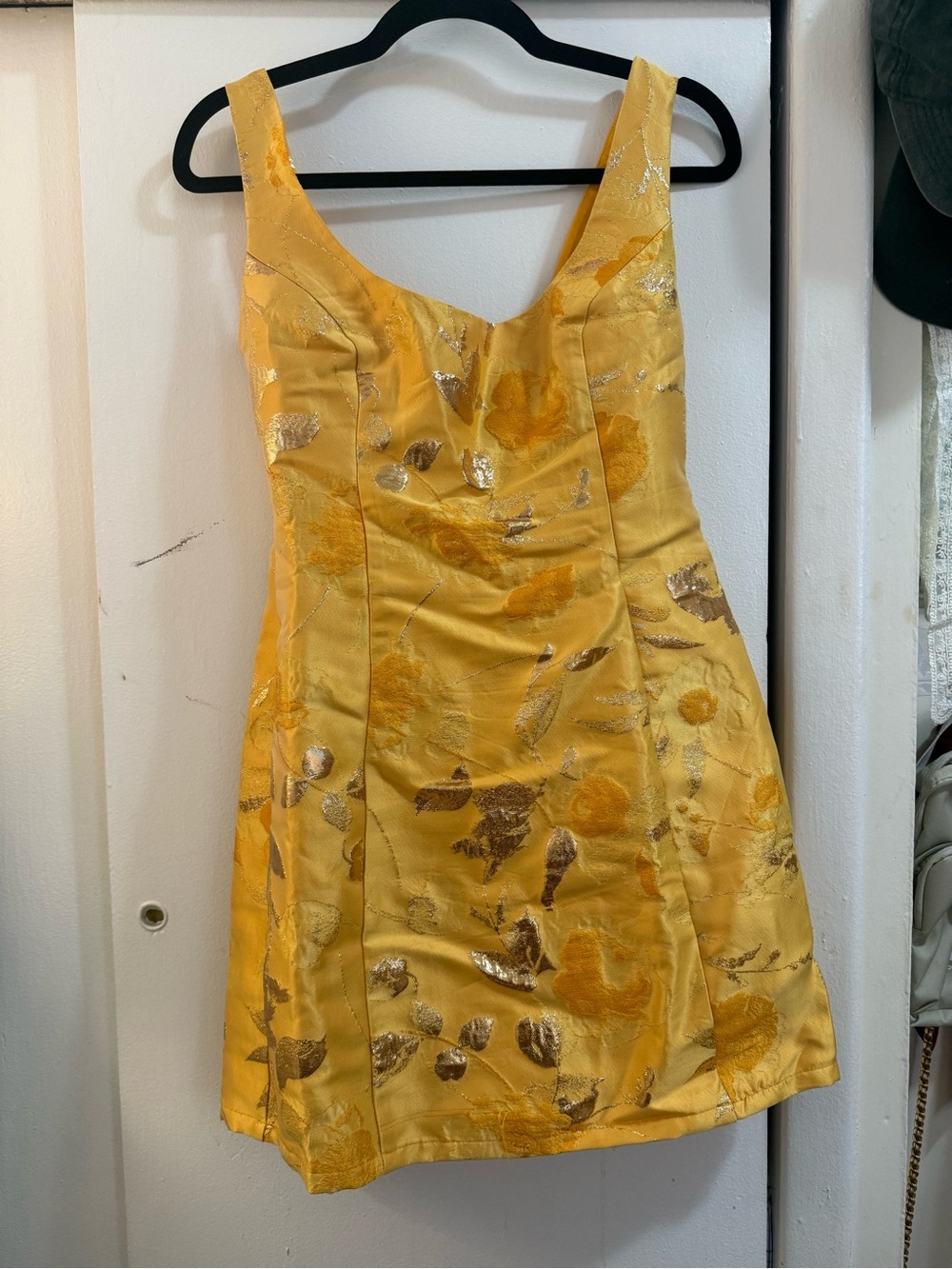 Lulu's Yellow Metallic Floral Mini Dress